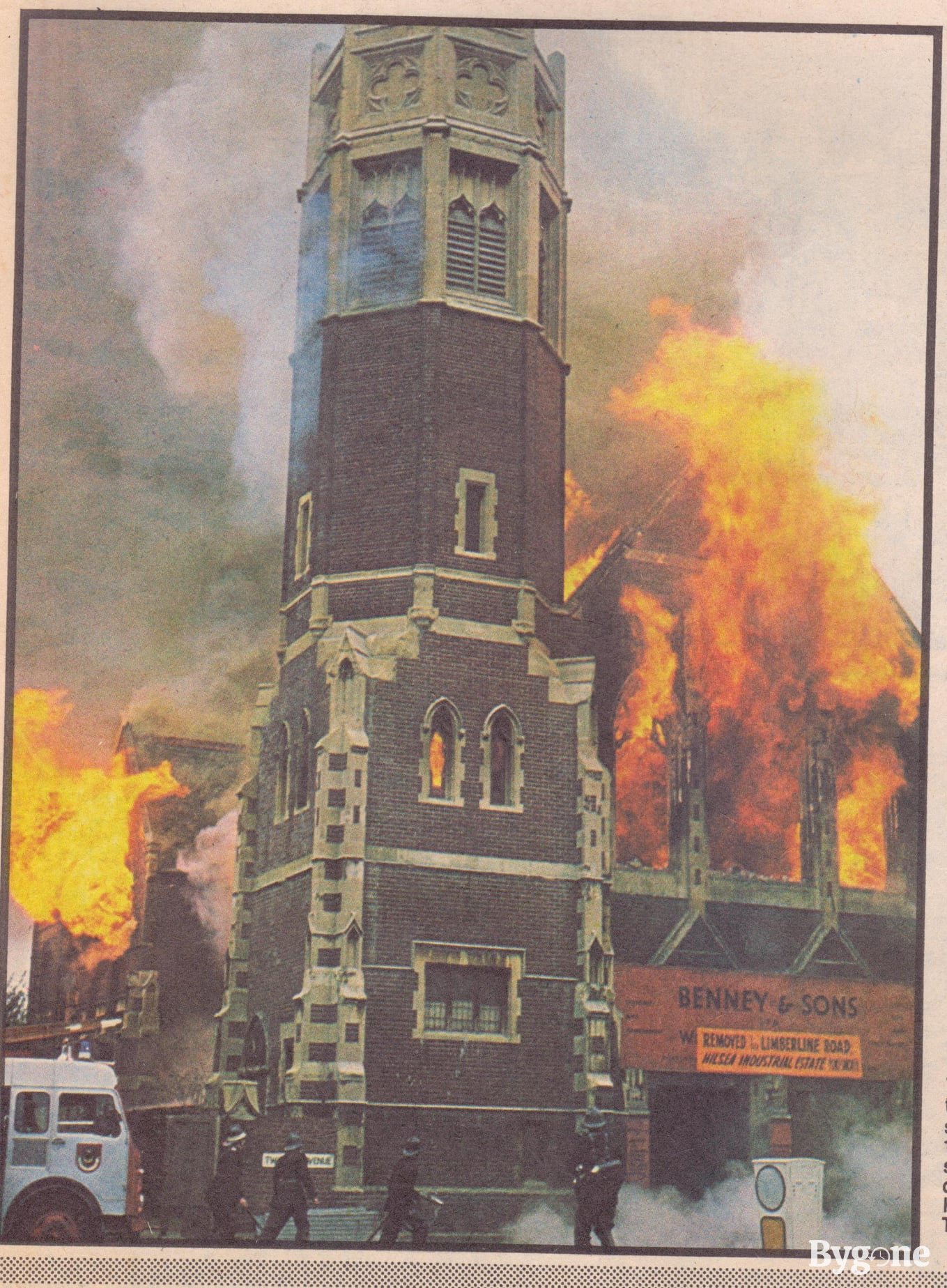 Benney and Sons warehouse fire, Twyford Avenue, 1971