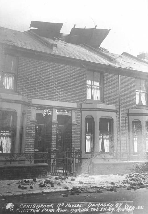 Carisbrooke Road houses damaged by Fratton Park roof during a storm, March 1906.