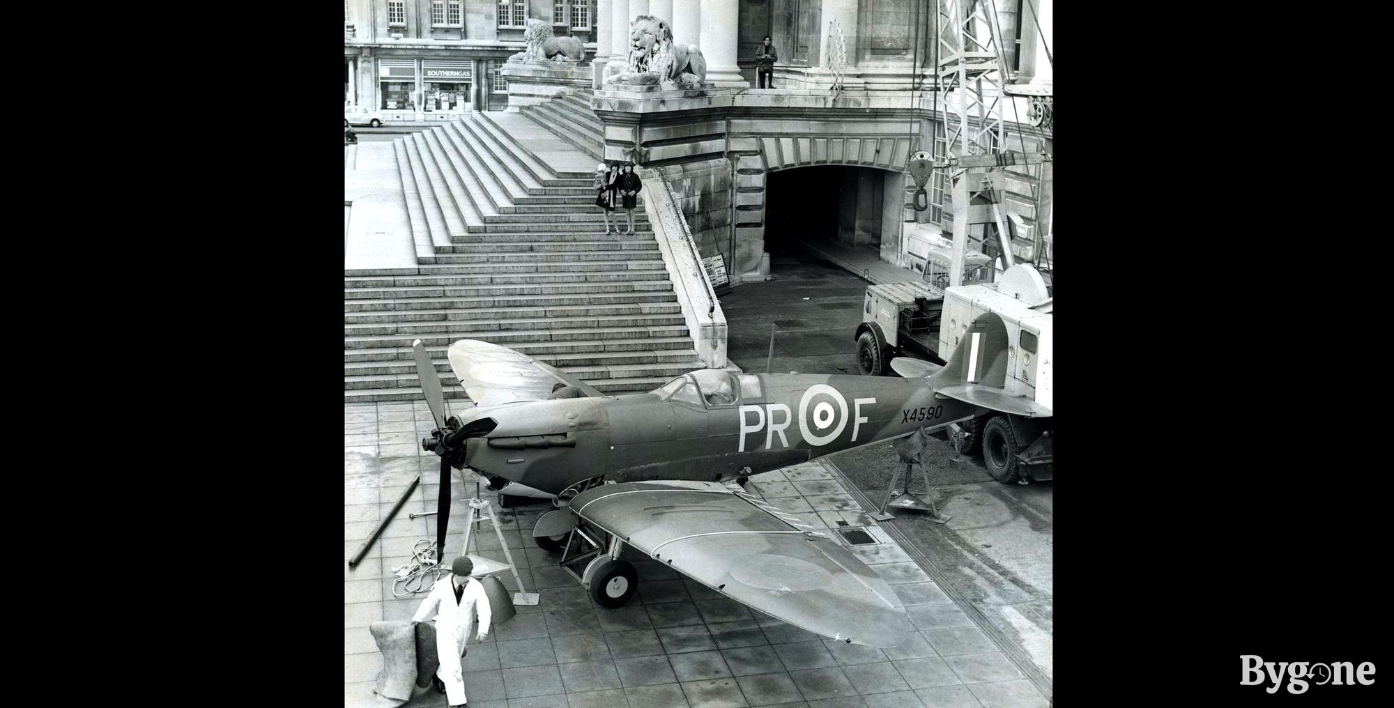 Prop Spitfire on display outside Portsmouth Guildhall, 1969
